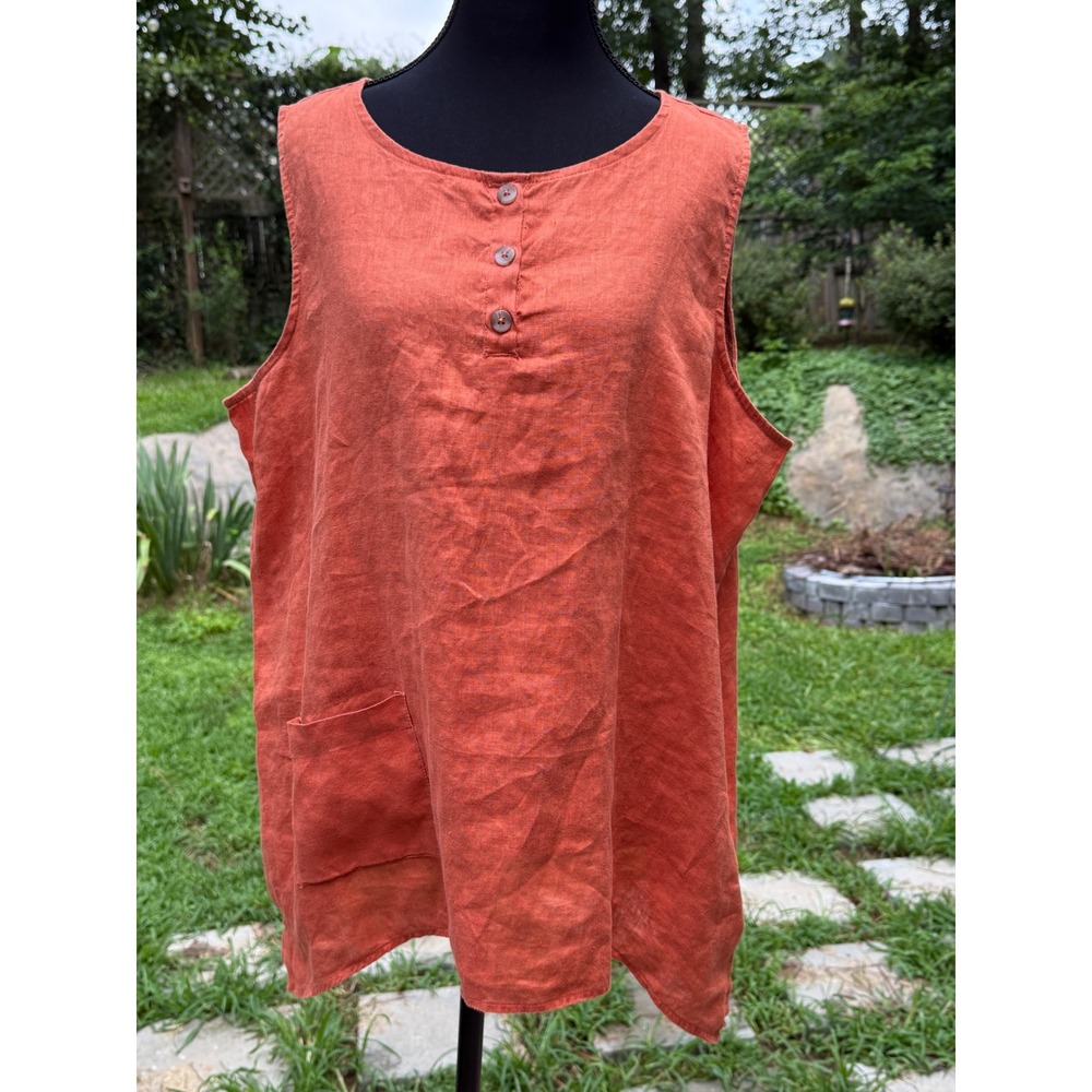 Andrea Jovine Womens XL Orange 100% Linen Sleeveless Button Tunic Top Pocket